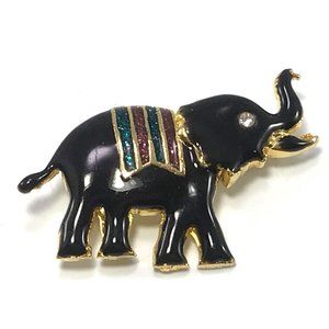 Vintage Gold Tone Black Enamel and Rhinestone Elephant Brooch Trunk Up